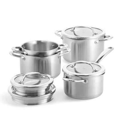 KOPF Atavola Pannenset, gegoten aluminium, 8-delig, kookpannenset met ILAG anti-aanbaklaag, geschikt voor inductie, 3 pannen met deksel, 1 pan, siliconen greepbescherming KOPF Atavola Pannenset, gegoten aluminium, 8-delig, kookpannenset met ILAG anti-aanbaklaag, geschikt voor inductie, 3 pannen met deksel, 1 pan, siliconen greepbescherming